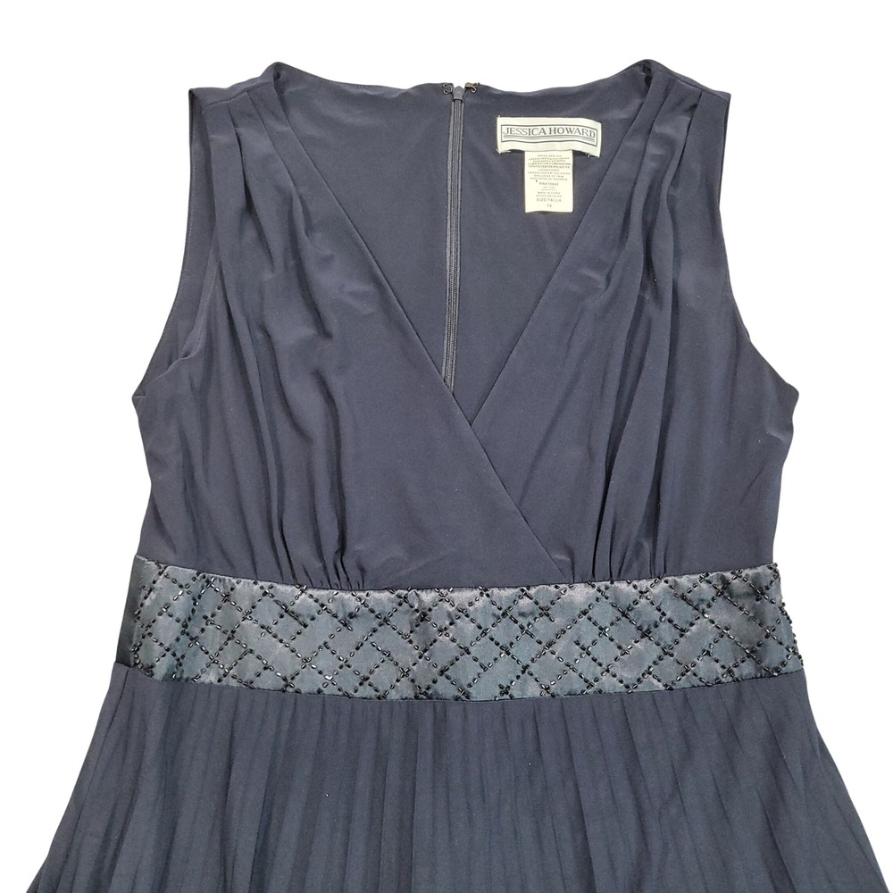 Jessica Howard Womens Navy Beaded Empire Waist V Neck Pleated Midi Dress 14‎
